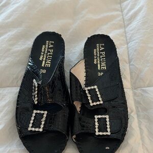 La Plume Black Croc-Embossed Mules with Buckle Detail